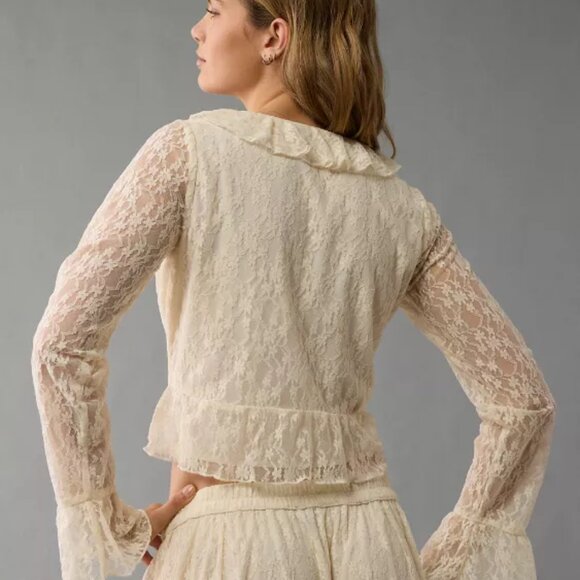AE Lace Long Sleeve Bell Sleeve Ruffle Blouse Cream Beige Boho - Picture 2 of 4